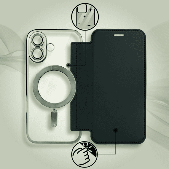 Etui do iPhone 17 typu książka Book Magsafe Lens Protect, z klapką, zielone (1)
