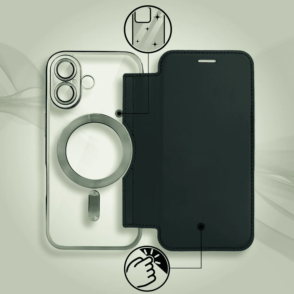 Etui do iPhone 17 typu książka Book Magsafe Lens Protect, z klapką, zielone (1)