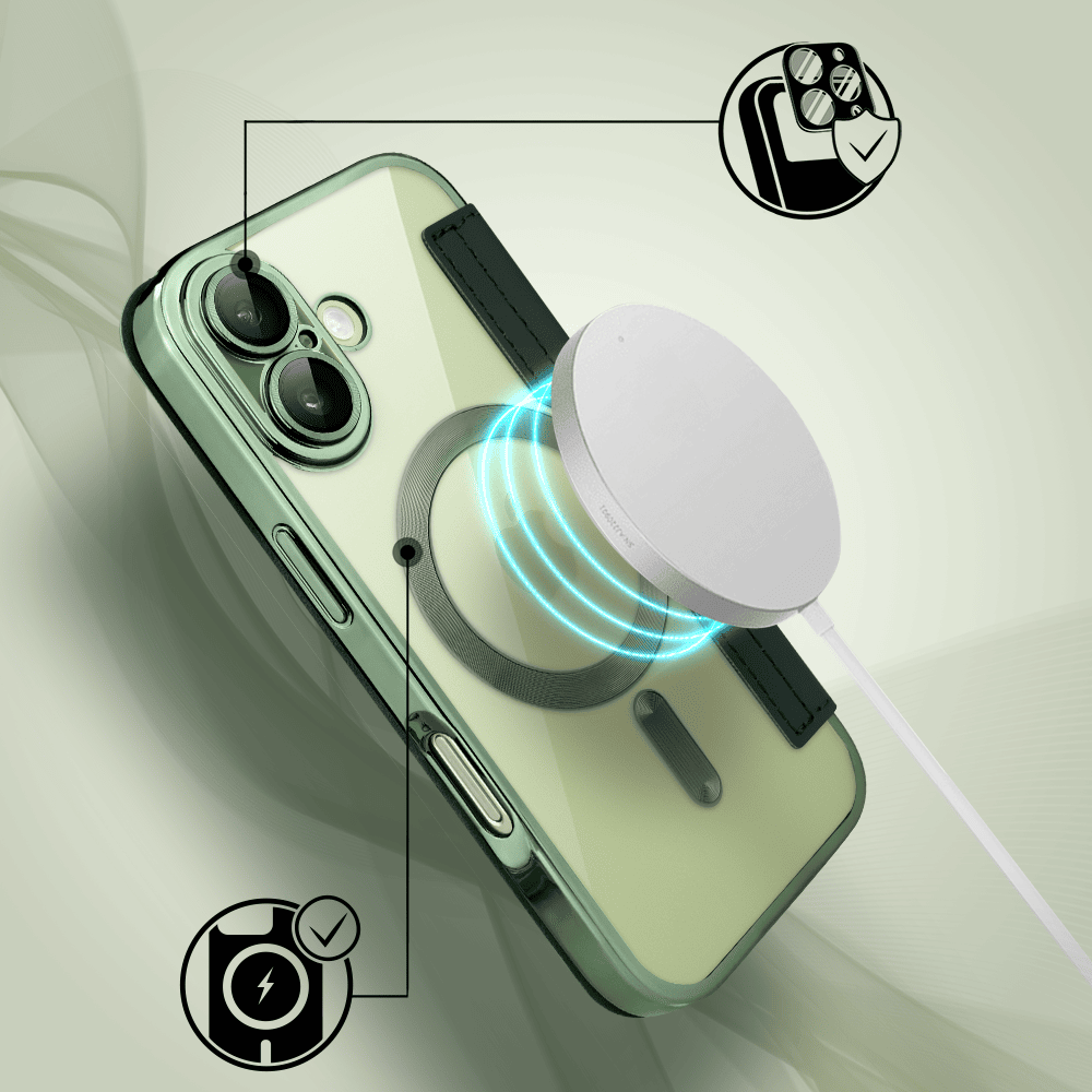 Etui do iPhone 17 typu książka Book Magsafe Lens Protect, z klapką, zielone (2)