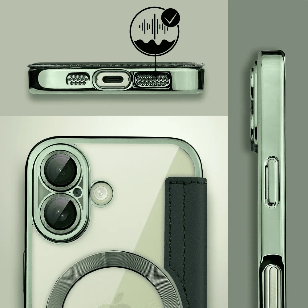 Etui do iPhone 17 typu książka Book Magsafe Lens Protect, z klapką, zielone (4)