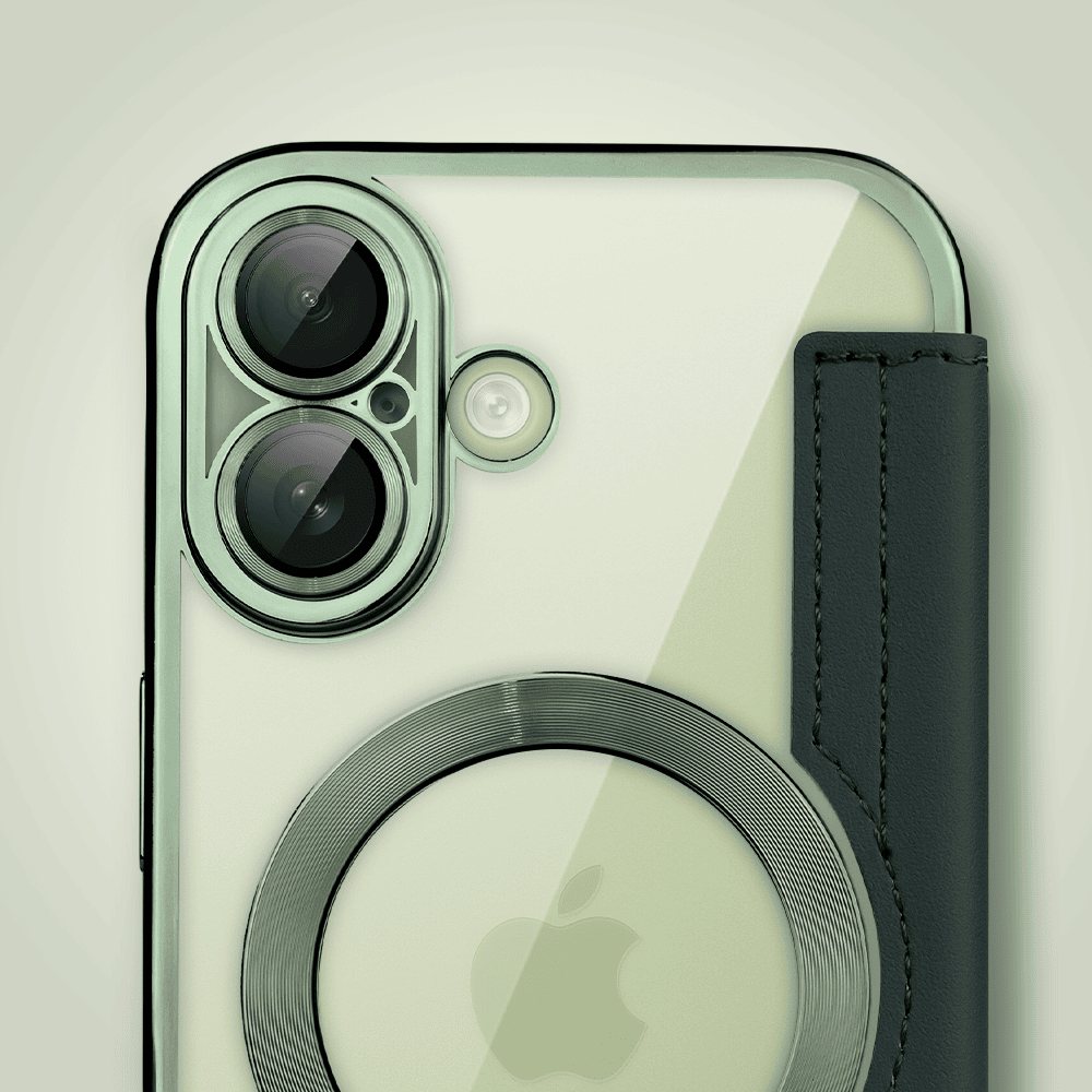 Etui do iPhone 17 typu książka Book Magsafe Lens Protect, z klapką, zielone (5)