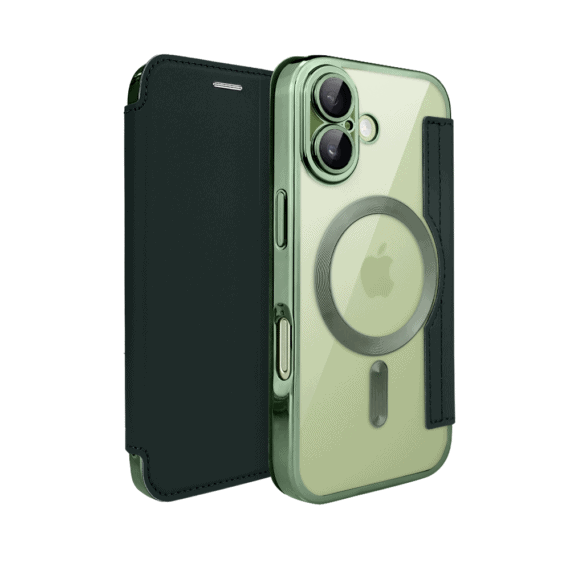 Etui do iPhone 17 typu książka Book Magsafe Lens Protect, z klapką, zielone (8)