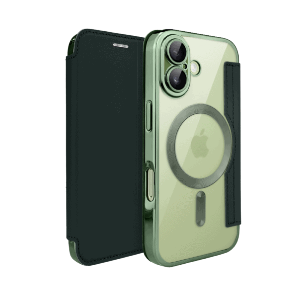Etui do iPhone 17 typu książka Book Magsafe Lens Protect, z klapką, zielone