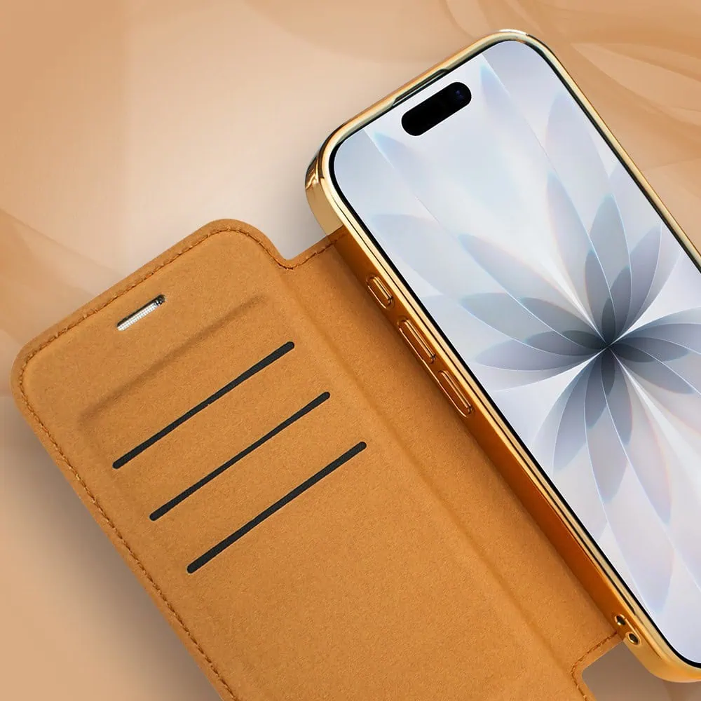Etui do iPhone 17 typu książka Book Magsafe Lens Protect, z klapką, złote (1)
