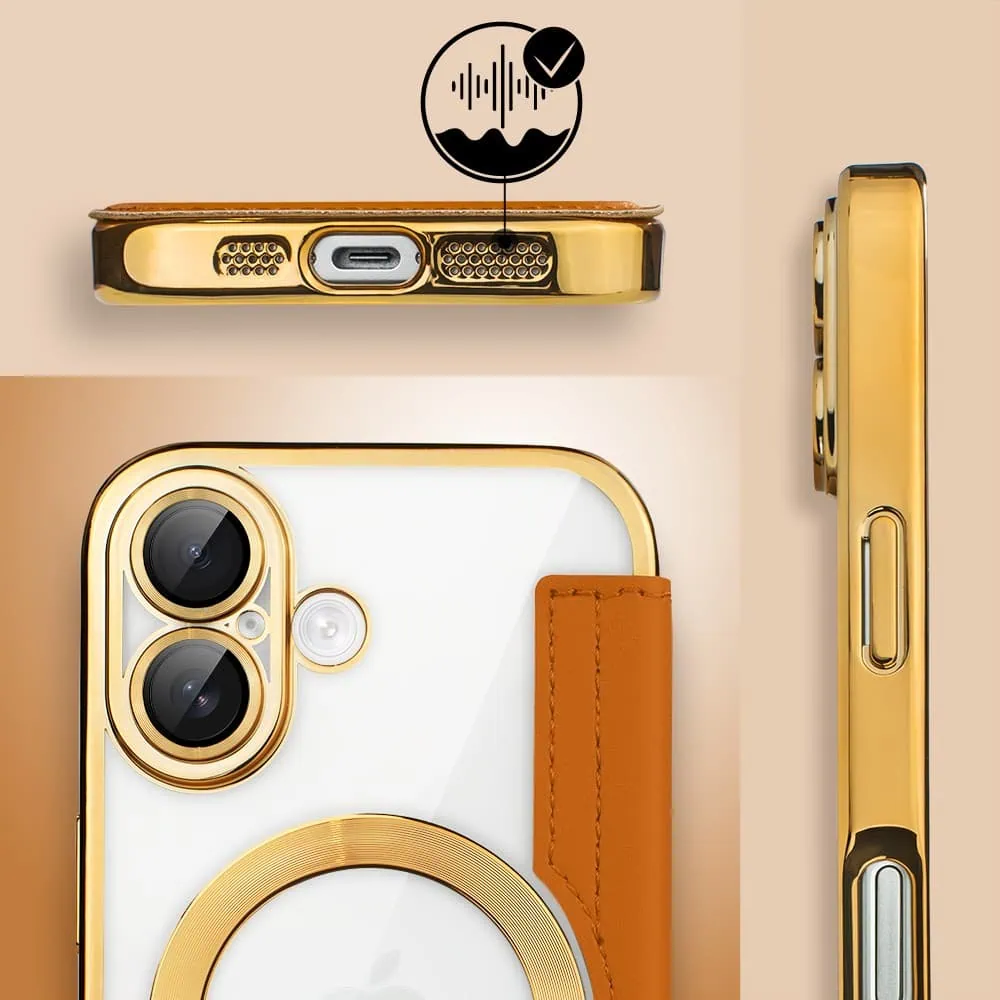 Etui do iPhone 17 typu książka Book Magsafe Lens Protect, z klapką, złote (2)