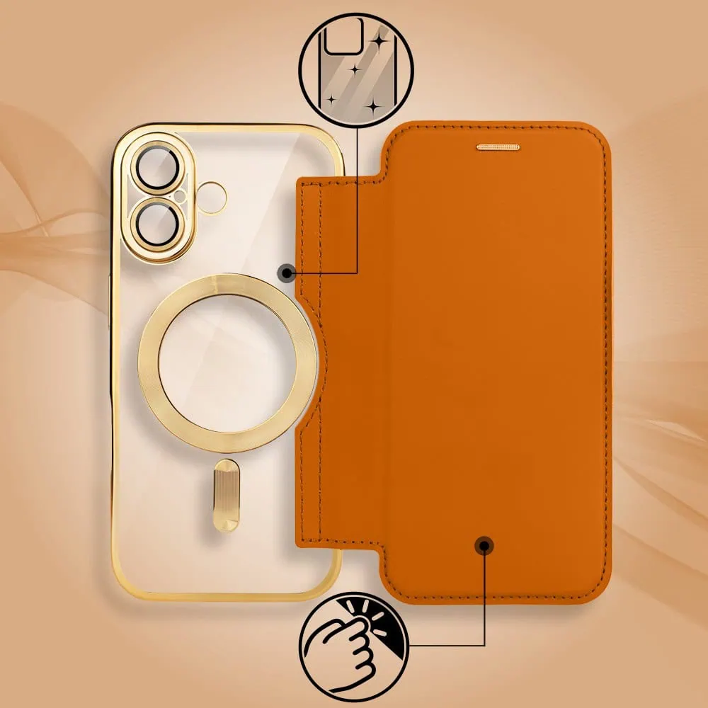 Etui do iPhone 17 typu książka Book Magsafe Lens Protect, z klapką, złote (7)