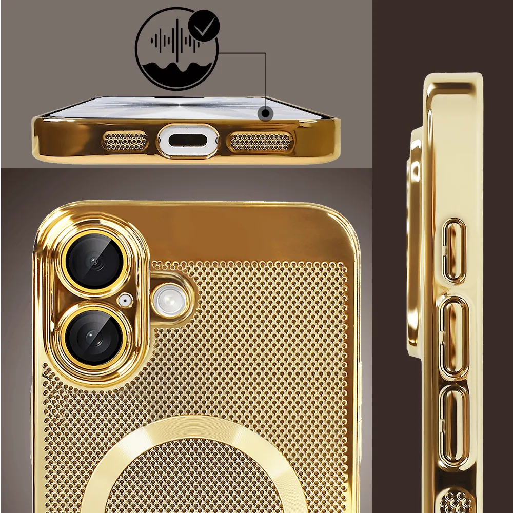 Etui do iPhone 17 z Magsafe, cienkie, twarde, oddychające, z osłoną aparatu, złote (3)