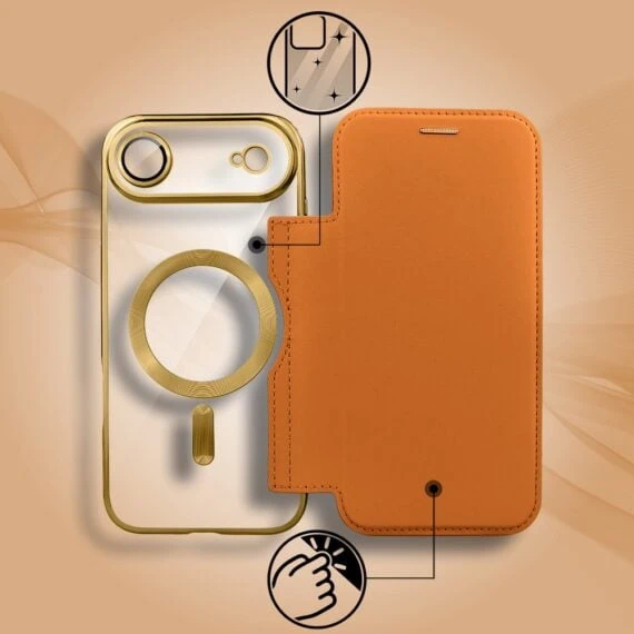 Etui do iPhone Air typu książka Book Magsafe Lens Protect, z klapką, złote (7)