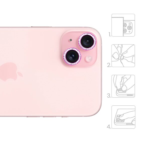 Luksusowa diamentowa osłona obiektywów, szkło na aparat iPhone 15, różowa (2)