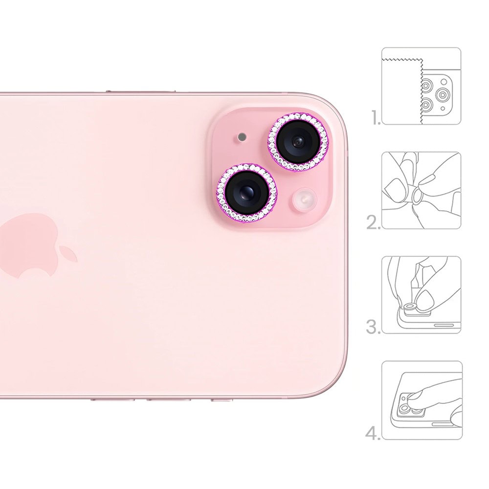 Luksusowa diamentowa osłona obiektywów, szkło na aparat iPhone 15, różowa (2)