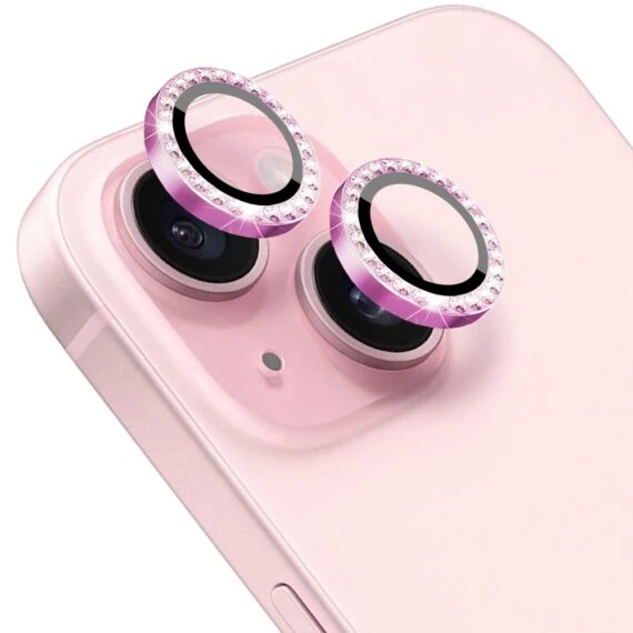Luksusowa diamentowa osłona obiektywów, szkło na aparat iPhone 15, różowa (3)