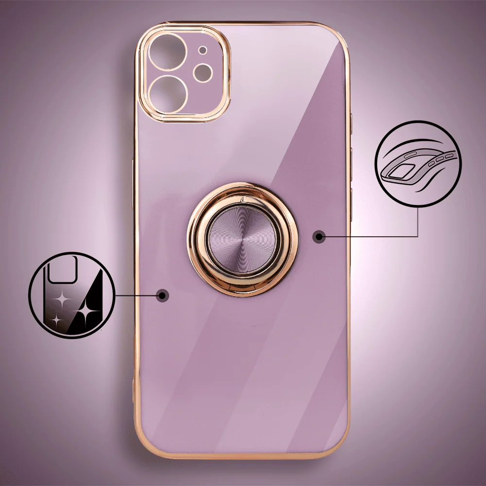 Etui do iPhone 11 eleganckie, ze złotym, metalowym uchwytem i zdobieniami, osłona na aparat, fioletowe (10)