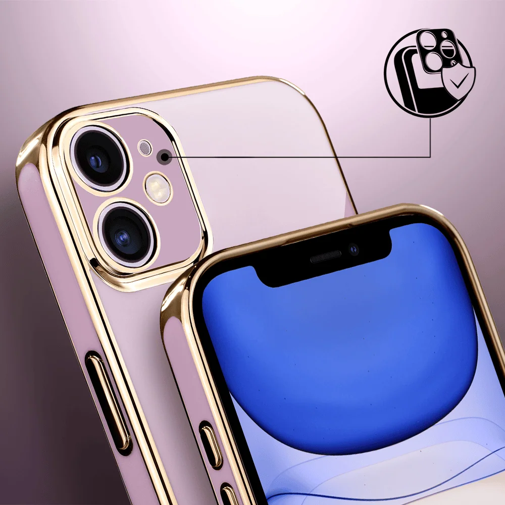 Etui do iPhone 11 eleganckie, ze złotym, metalowym uchwytem i zdobieniami, osłona na aparat, fioletowe (2)