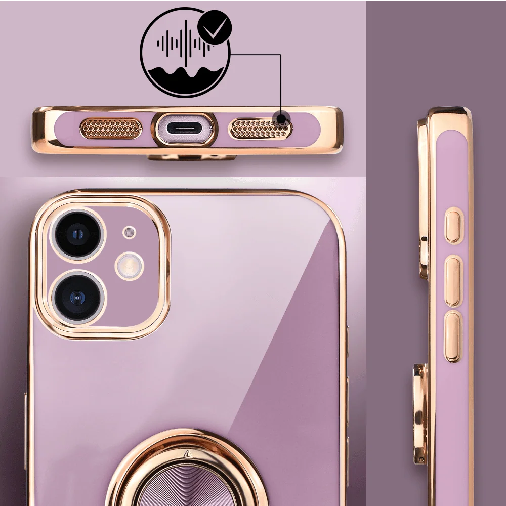 Etui do iPhone 11 eleganckie, ze złotym, metalowym uchwytem i zdobieniami, osłona na aparat, fioletowe (4)
