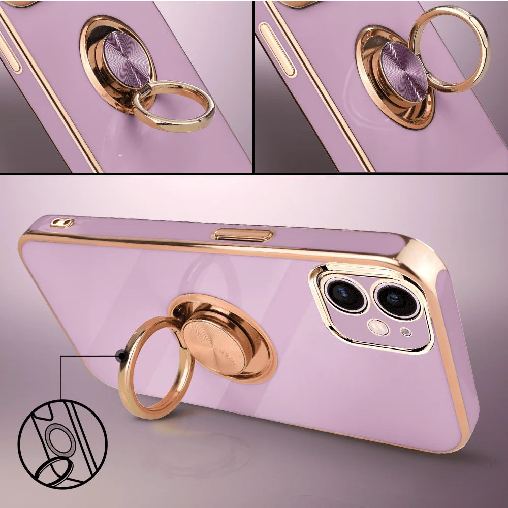 Etui do iPhone 11 eleganckie, ze złotym, metalowym uchwytem i zdobieniami, osłona na aparat, fioletowe (7)