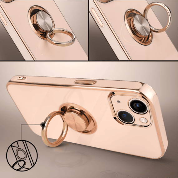 Etui do iPhone 13 eleganckie, ze złotym, metalowym uchwytem i zdobieniami, osłona na aparat, złota zieleń (1)