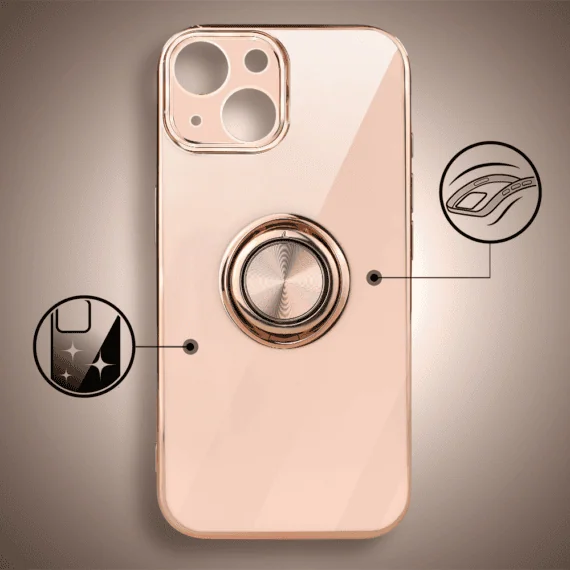 Etui do iPhone 13 eleganckie, ze złotym, metalowym uchwytem i zdobieniami, osłona na aparat, złota zieleń (4)