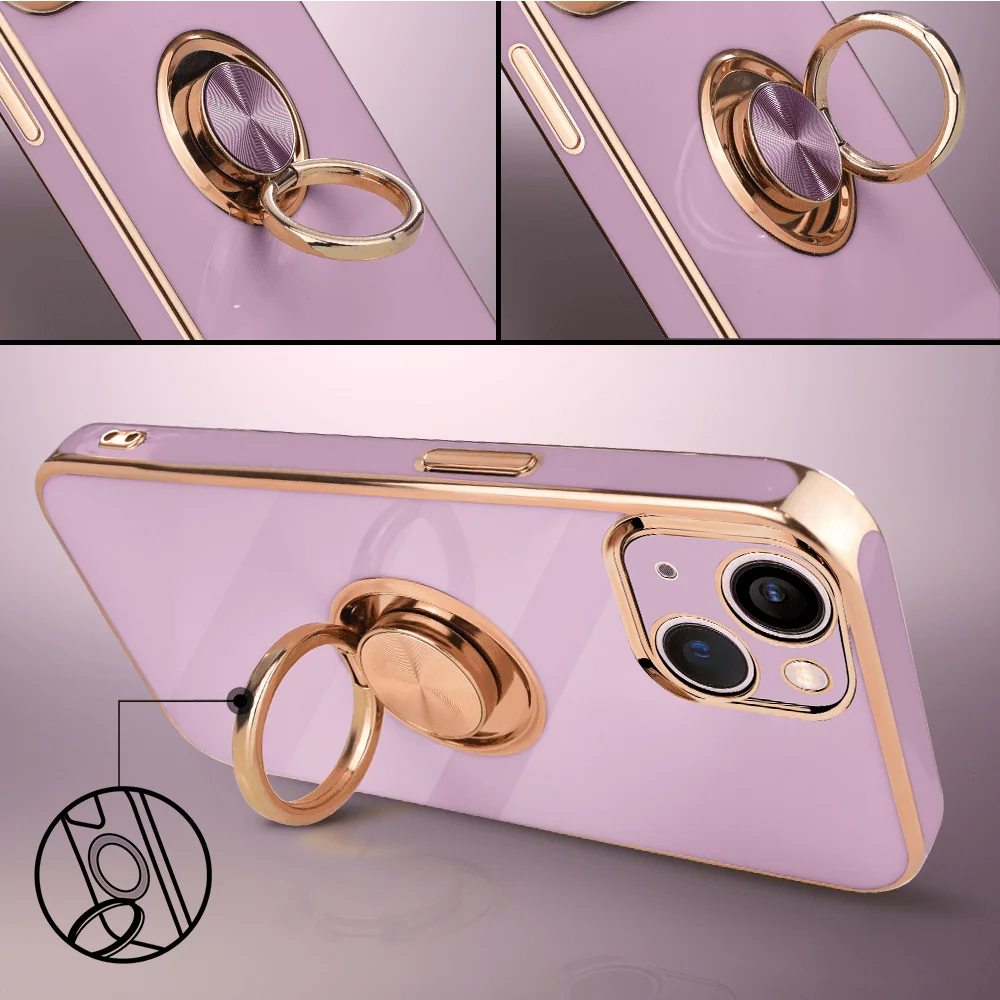 Etui do iPhone 13 mini eleganckie, ze złotym, metalowym uchwytem i zdobieniami, osłona na aparat, fioletowe (1)