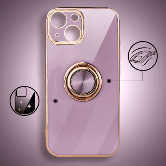 Etui do iPhone 13 mini eleganckie, ze złotym, metalowym uchwytem i zdobieniami, osłona na aparat, fioletowe (4)