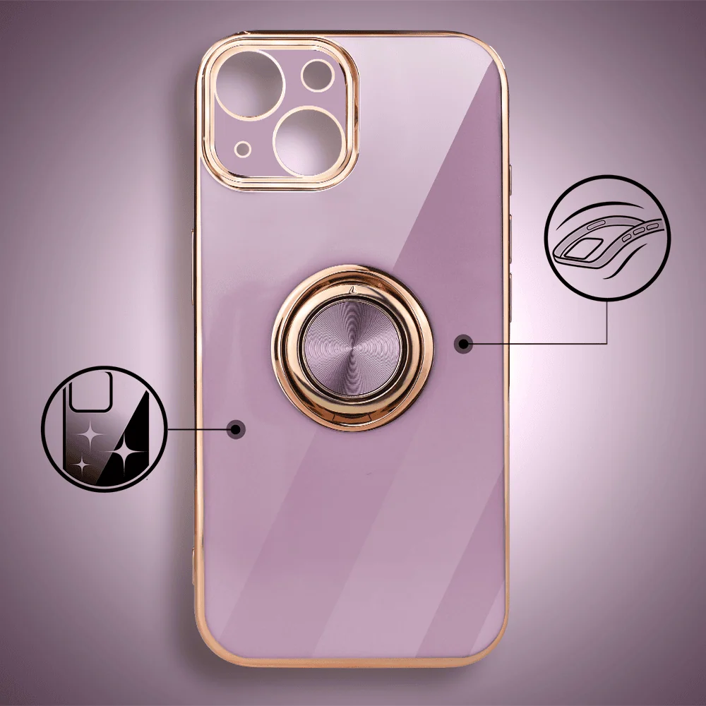Etui do iPhone 13 mini eleganckie, ze złotym, metalowym uchwytem i zdobieniami, osłona na aparat, fioletowe (4)