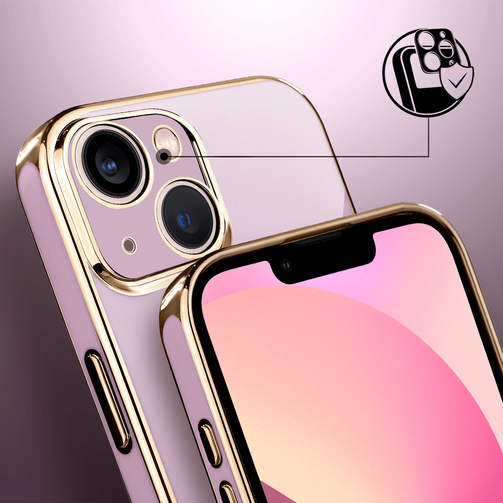 Etui do iPhone 13 mini eleganckie, ze złotym, metalowym uchwytem i zdobieniami, osłona na aparat, fioletowe (6)