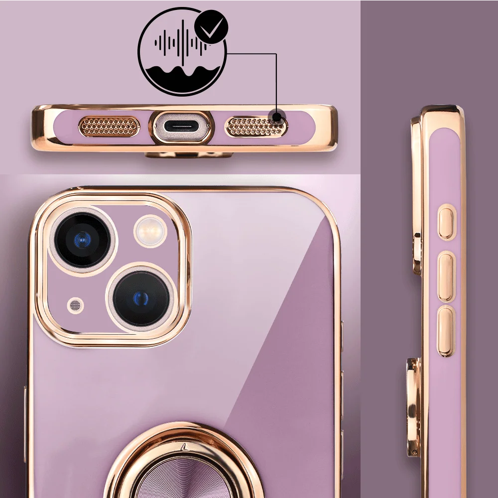 Etui do iPhone 13 mini eleganckie, ze złotym, metalowym uchwytem i zdobieniami, osłona na aparat, fioletowe (8)
