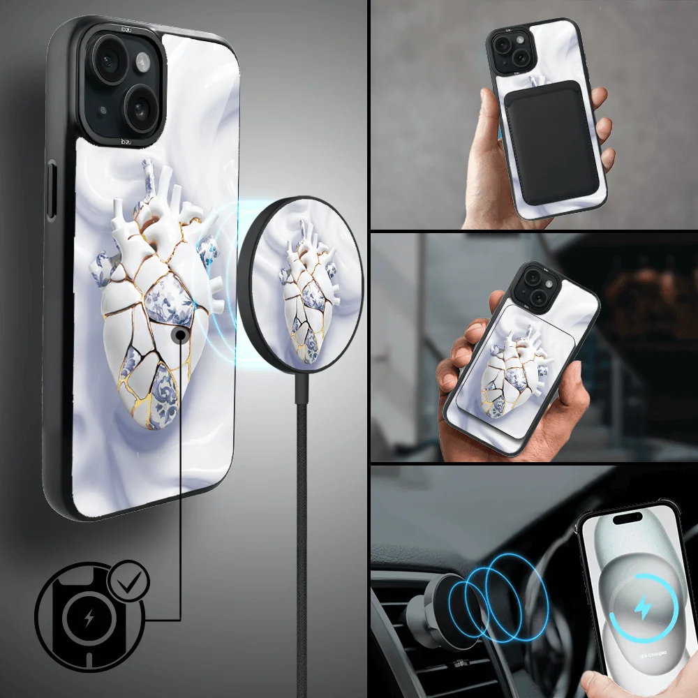 Etui do iPhone 15 IBIZU DropGuard Matt z MagSafe, Kintsugi Art, porcelanowe serce (1)