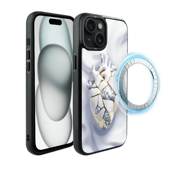 Etui do iPhone 15 IBIZU DropGuard Matt z MagSafe, Kintsugi Art, porcelanowe serce (6)