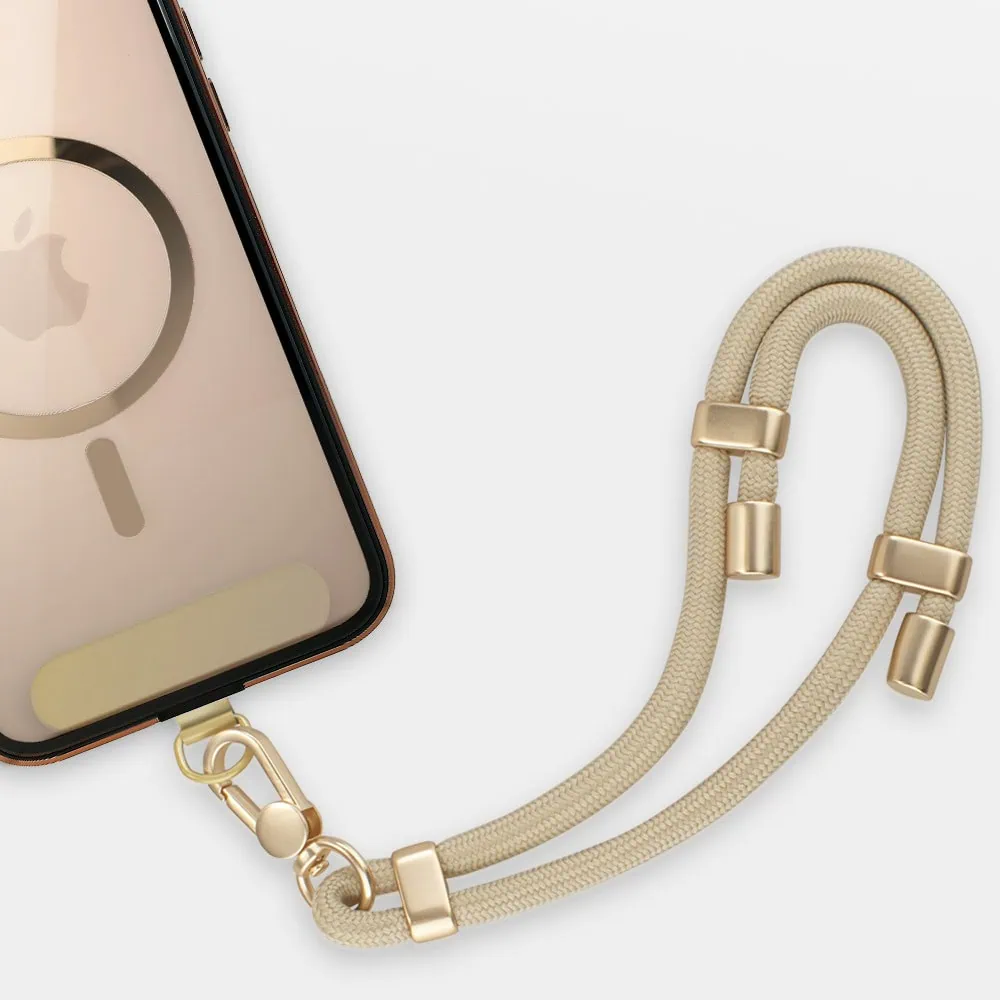 Regulowana smycz do telefonu, ze złotymi elementami, elegancka, beżowa1
