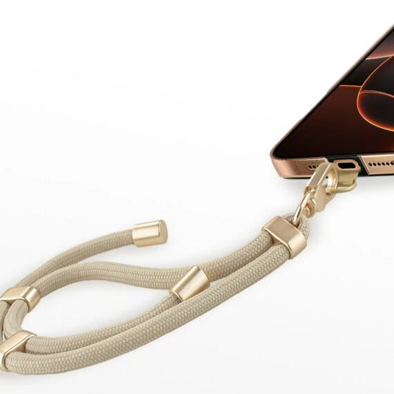 Regulowana smycz do telefonu, ze złotymi elementami, elegancka, beżowa7