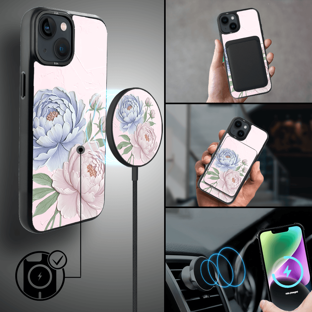 Etui do iPhone 14 IBIZU DropGuard Matt z MagSafe, Relief Garden, Piwoniowy róż (3)
