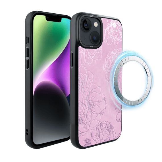 Etui do iPhone 14 IBIZU DropGuard Matt z MagSafe, Relief Garden, Różowe piwonie (7)