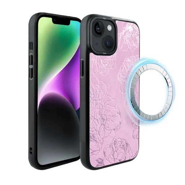 Etui do iPhone 14 IBIZU DropGuard Matt z MagSafe, Relief Garden, Różowe piwonie (7)
