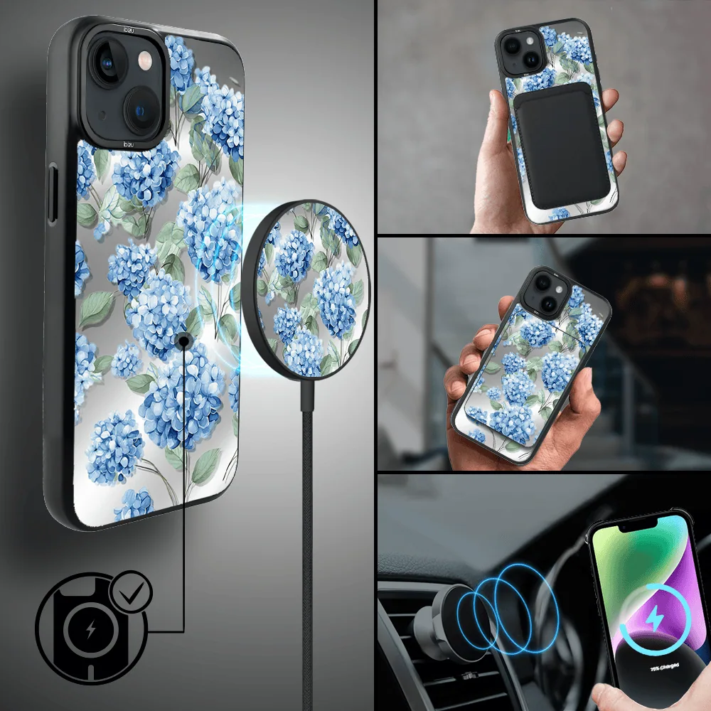Etui do iPhone 14 IBIZU DropGuard Matt z MagSafe, Relief Garden, Szafirowa hortensja (5)