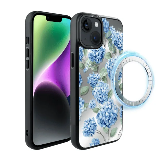 Etui do iPhone 14 IBIZU DropGuard Matt z MagSafe, Relief Garden, Szafirowa hortensja (8)