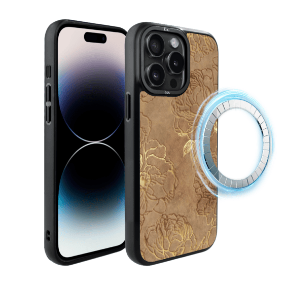 Etui do iPhone 14 Pro BIZU DropGuard Matt z MagSafe, Relief Garden, Złote piwonie (8)