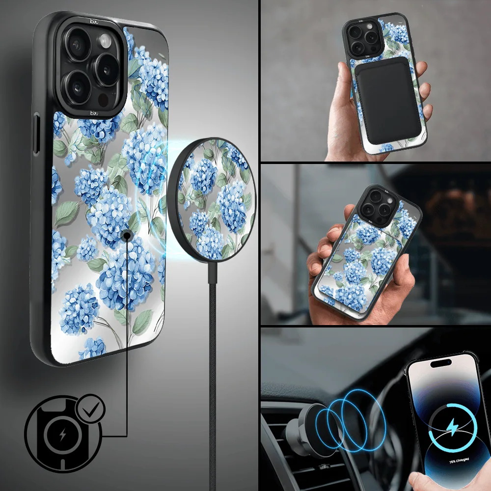 Etui do iPhone 14 Pro IBIZU DropGuard Matt z MagSafe, Relief Garden, Szafirowa hortensja (5)