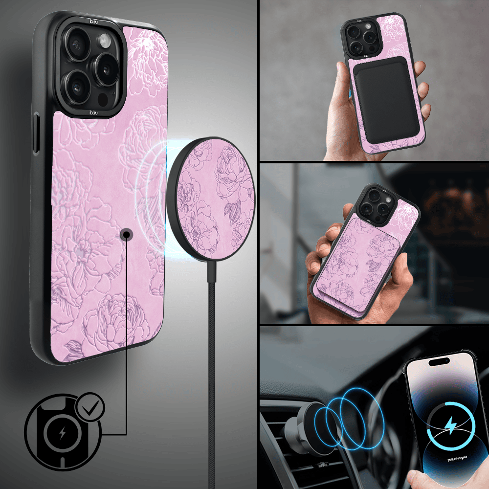 Etui do iPhone 14 Pro Max IBIZU DropGuard Matt z MagSafe, Relief Garden, Różowe piwonie (3)