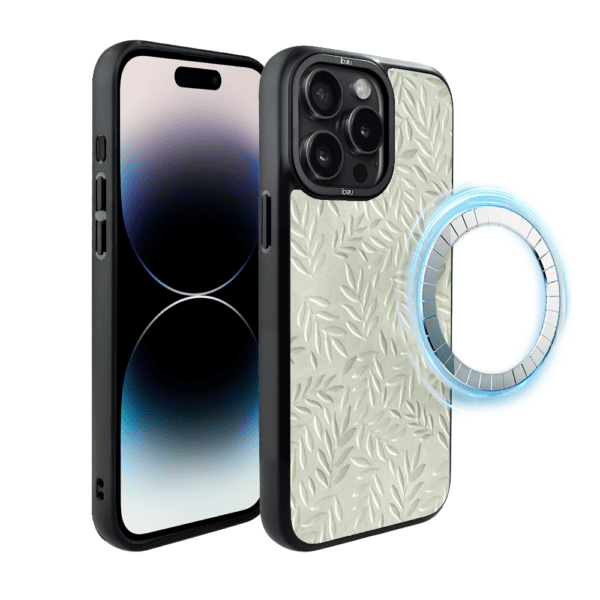 Etui do iPhone 14 Pro Max IBIZU DropGuard Matt z MagSafe, Relief Garden, Ślad oliwki (2)