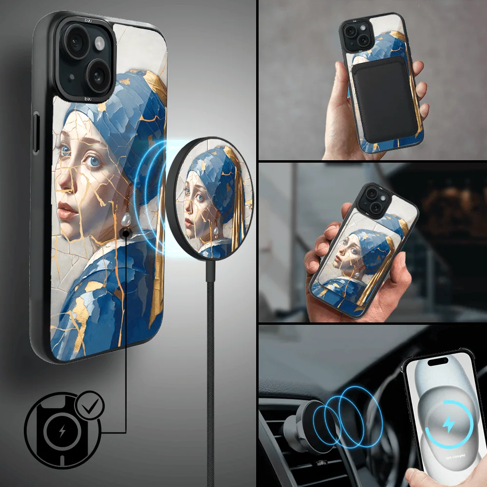Etui do iPhone 15 IBIZU DropGuard Matt z MagSafe, Kintsugi Art, kobieta z perłą (1)