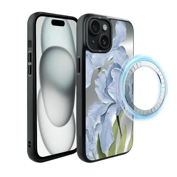 Etui do iPhone 15 IBIZU DropGuard Matt z MagSafe, Relief Garden, Błękitny Irys (8)