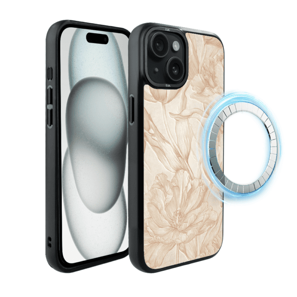 Etui do iPhone 15 IBIZU DropGuard Matt z MagSafe, Relief Garden, Botaniczny biskwit (2)