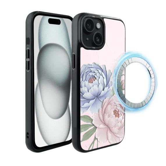 Etui do iPhone 15 IBIZU DropGuard Matt z MagSafe, Relief Garden, Piwoniowy róż (5)