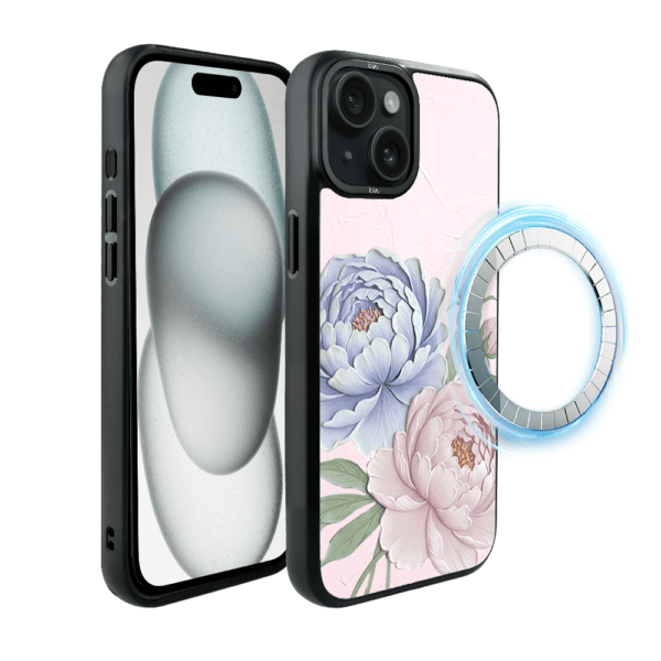 Etui do iPhone 15 IBIZU DropGuard Matt z MagSafe, Relief Garden, Piwoniowy róż (5)
