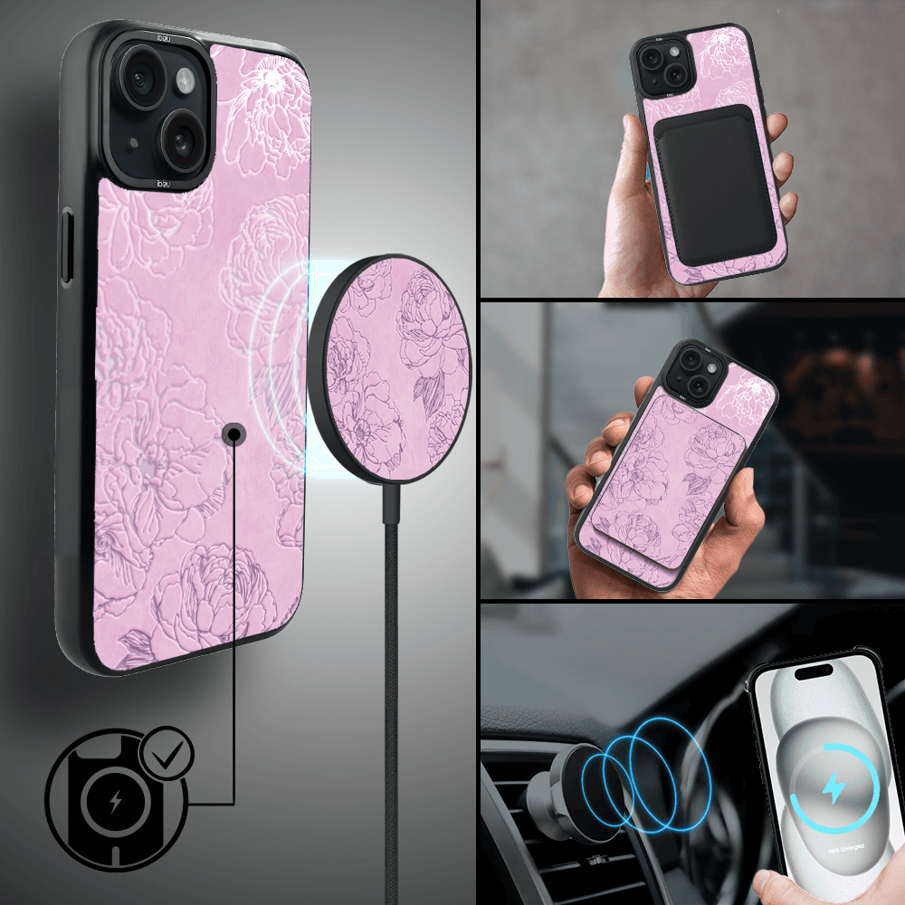 Etui do iPhone 15 IBIZU DropGuard Matt z MagSafe, Relief Garden, Różowe piwonie (2)