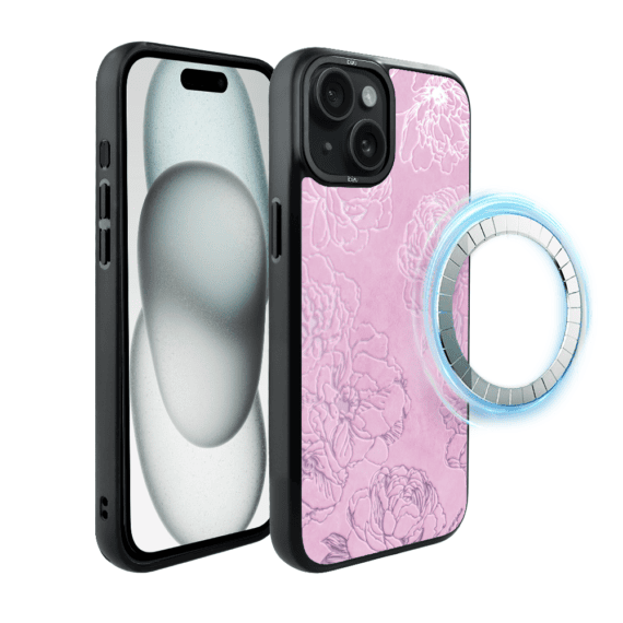 Etui do iPhone 15 IBIZU DropGuard Matt z MagSafe, Relief Garden, Różowe piwonie (5)