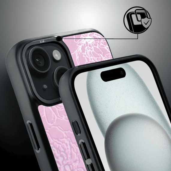 Etui do iPhone 15 IBIZU DropGuard Matt z MagSafe, Relief Garden, Różowe piwonie (8)