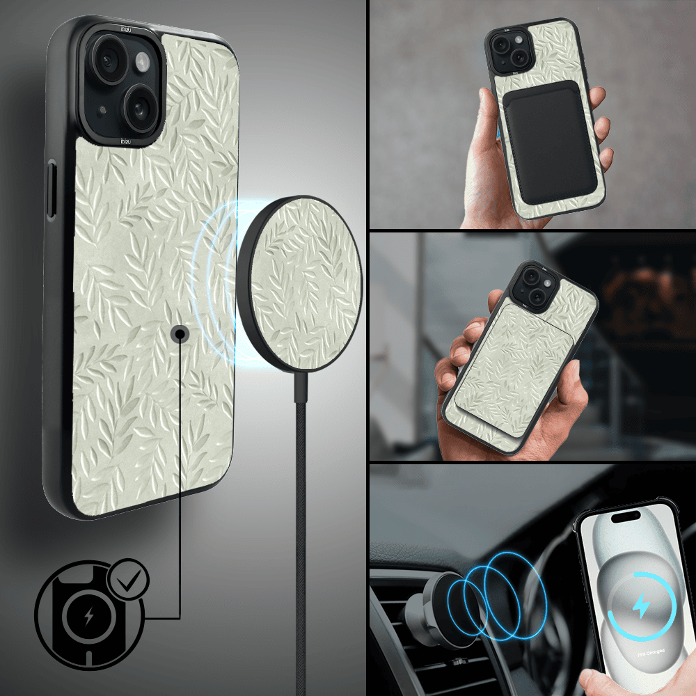 Etui do iPhone 15 IBIZU DropGuard Matt z MagSafe, Relief Garden, Ślad oliwki (6)