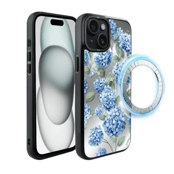 Etui do iPhone 15 IBIZU DropGuard Matt z MagSafe, Relief Garden, Szafirowa Hortensja (1)