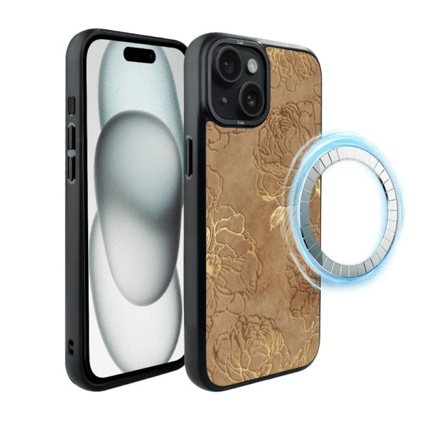 Etui do iPhone 15 IBIZU DropGuard Matt z MagSafe, Relief Garden, Złote piwonie (1)